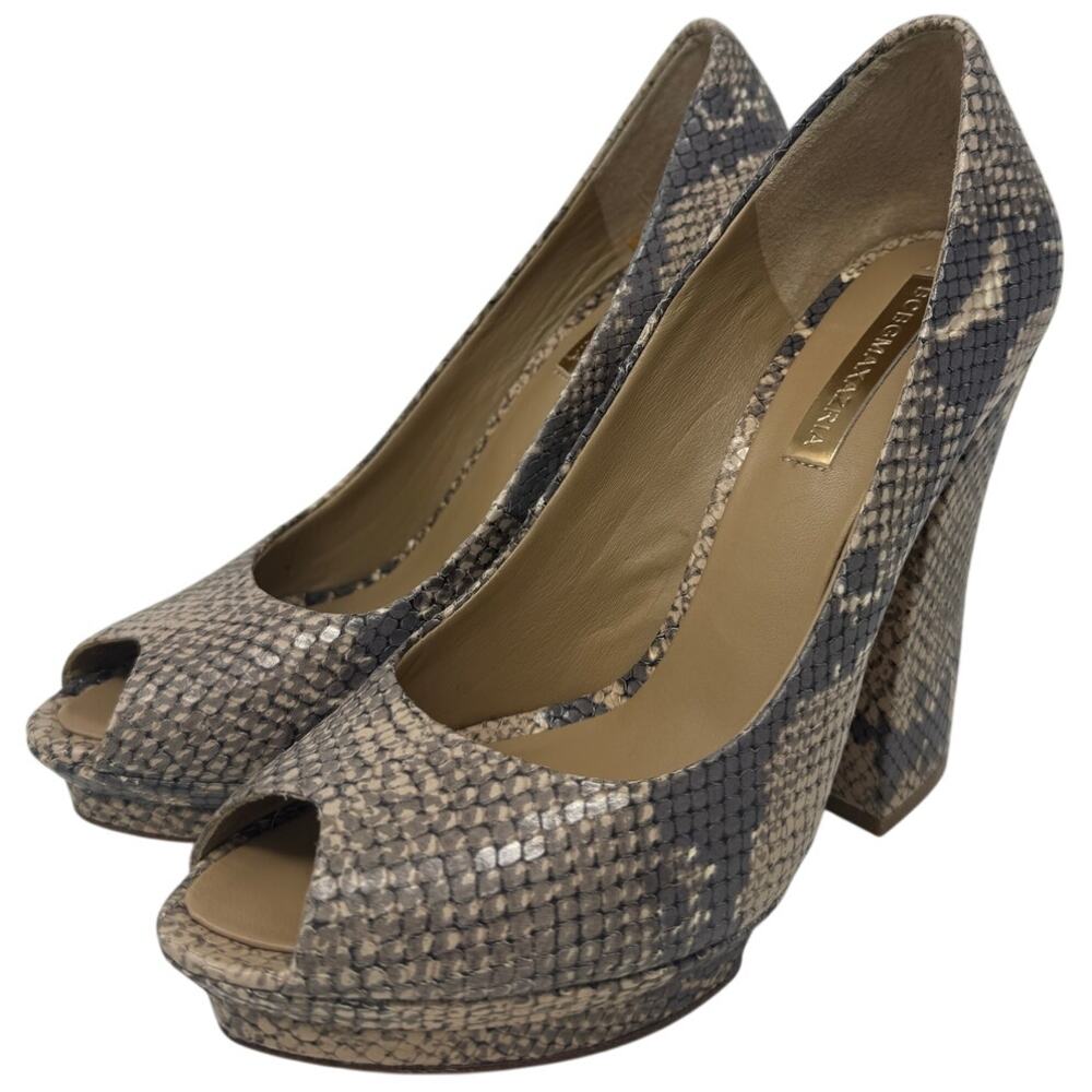 BCBGMAXAZRIA Dahlia Snake Print Peep Toe Block Heel Pumps Women’s 7